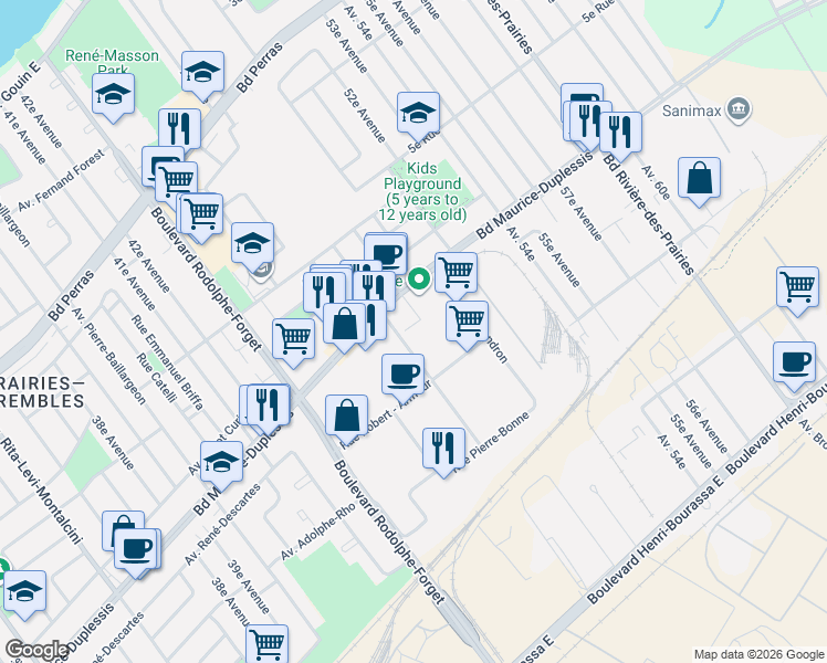 map of restaurants, bars, coffee shops, grocery stores, and more near 11885 Avenue J.-J.-Joubert in Montréal