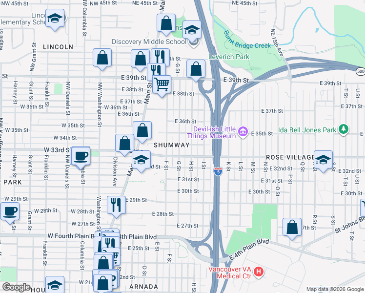 map of restaurants, bars, coffee shops, grocery stores, and more near 3315 G Street in Vancouver