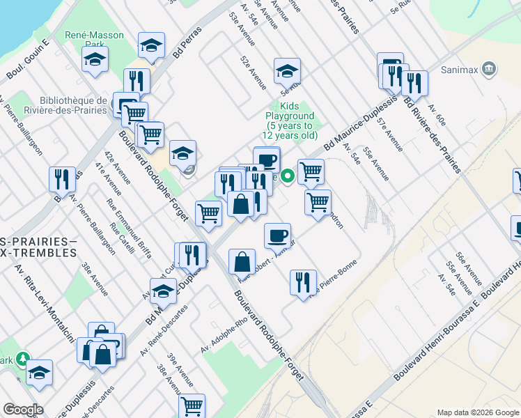 map of restaurants, bars, coffee shops, grocery stores, and more near 9192 Boulevard Maurice-Duplessis in Montréal