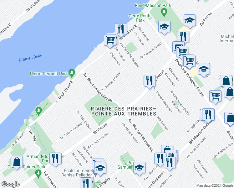map of restaurants, bars, coffee shops, grocery stores, and more near 8575 Rue Pierre-Forestier in Montréal