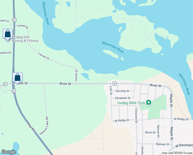 map of restaurants, bars, coffee shops, grocery stores, and more near 1530 River Street in Rhinelander