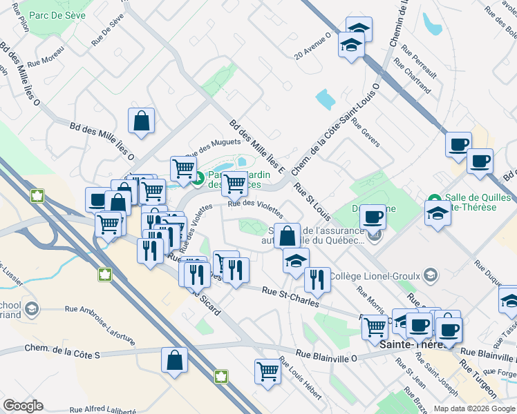 map of restaurants, bars, coffee shops, grocery stores, and more near 205 Rue des Violettes in Sainte-Thérèse