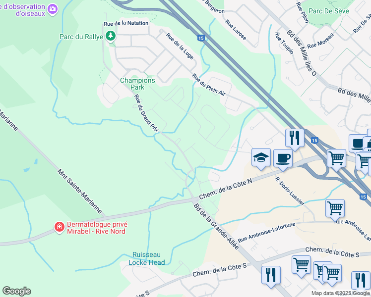 map of restaurants, bars, coffee shops, grocery stores, and more near 9305 Rue de Monza in Mirabel