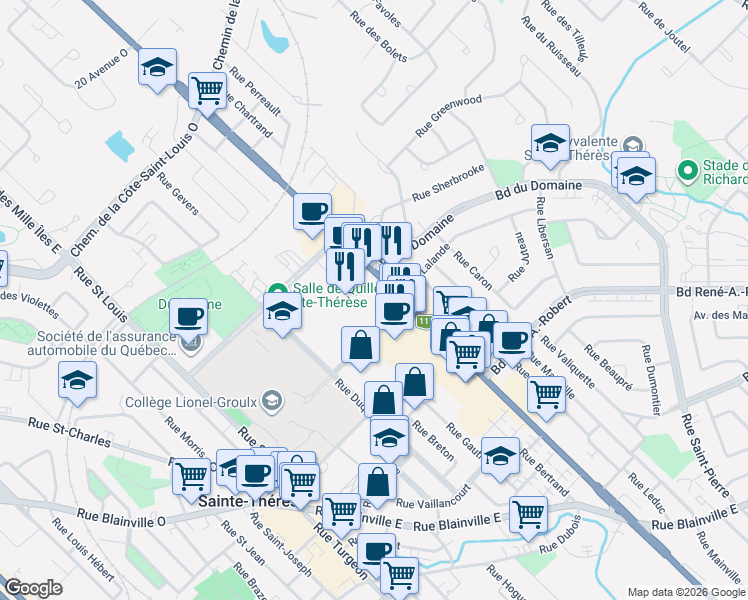 map of restaurants, bars, coffee shops, grocery stores, and more near 270 Place Claude-Dagenais in Sainte-Thã©Rã¨Se