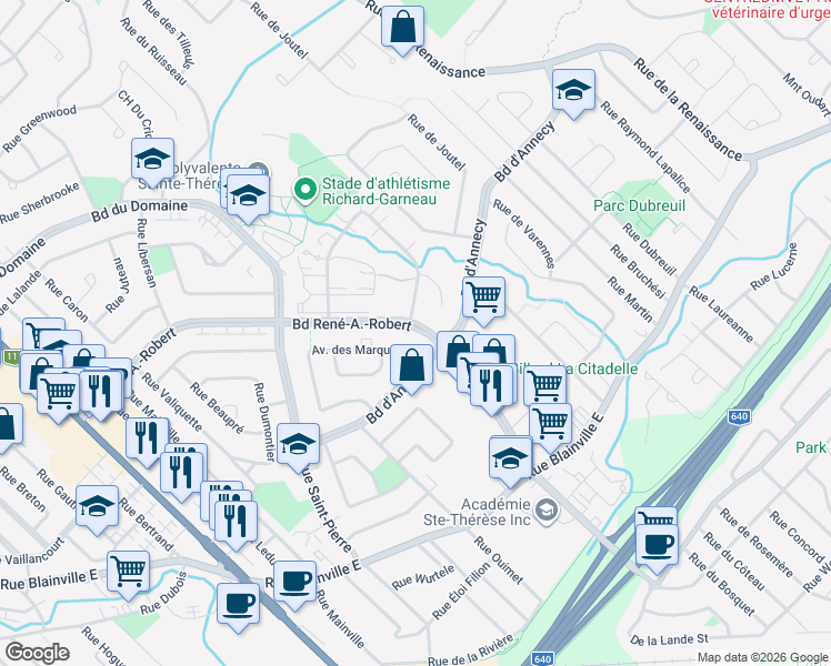 map of restaurants, bars, coffee shops, grocery stores, and more near 199 Boulevard René A. Robert in Sainte-Thérèse