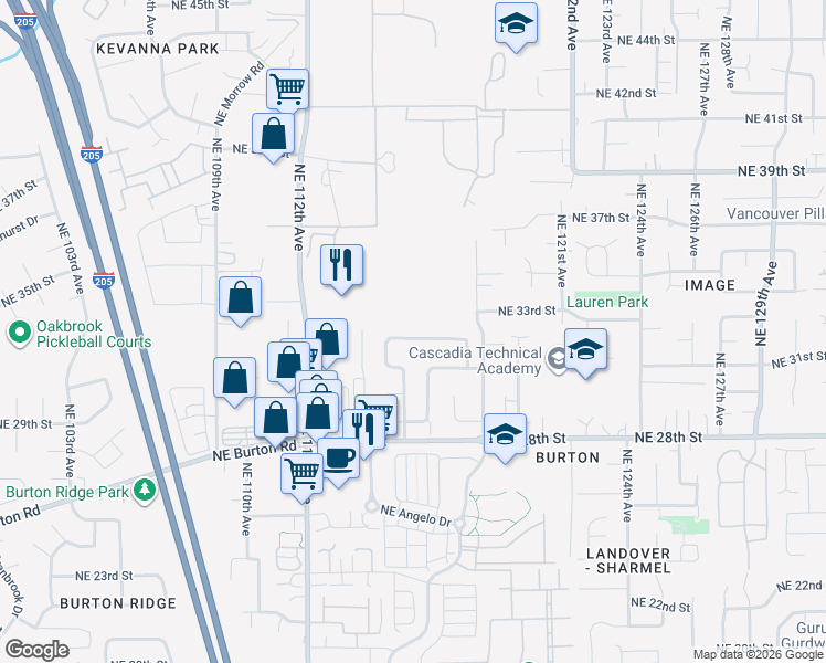 map of restaurants, bars, coffee shops, grocery stores, and more near 11538 Northeast 32nd Street in Vancouver