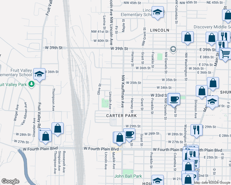 map of restaurants, bars, coffee shops, grocery stores, and more near 3418 Northwest Kauffman Avenue in Vancouver