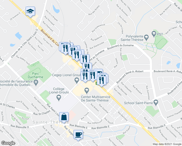 map of restaurants, bars, coffee shops, grocery stores, and more near in Sainte-Thérèse