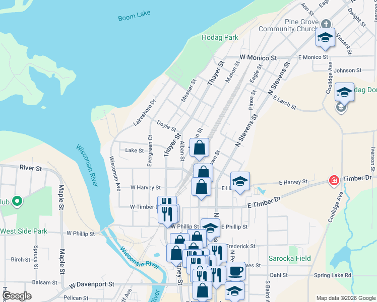 map of restaurants, bars, coffee shops, grocery stores, and more near 647 Mason Street in Rhinelander