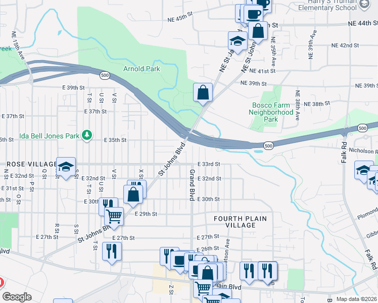 map of restaurants, bars, coffee shops, grocery stores, and more near 3407 Grand Boulevard in Vancouver