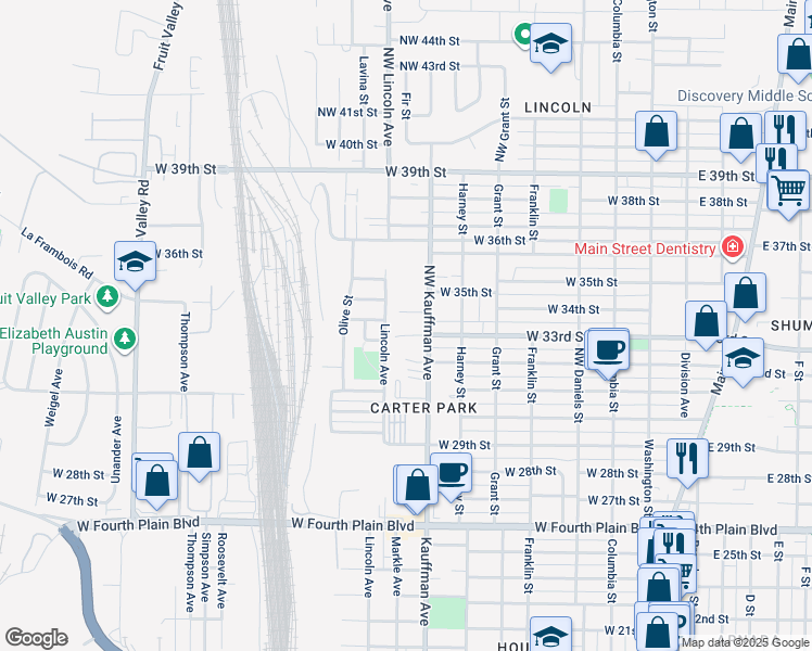 map of restaurants, bars, coffee shops, grocery stores, and more near 3418 Northwest Kauffman Avenue in Vancouver