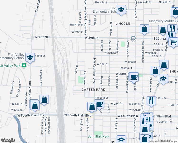 map of restaurants, bars, coffee shops, grocery stores, and more near 3418 Northwest Kauffman Avenue in Vancouver