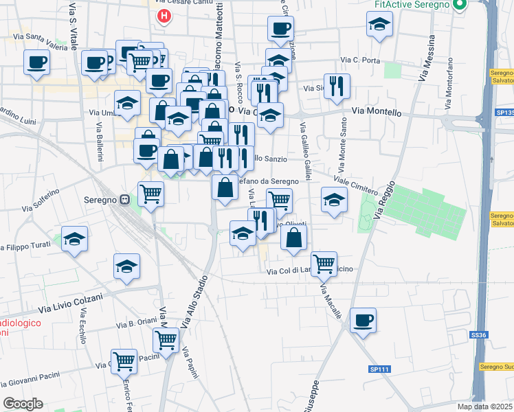 map of restaurants, bars, coffee shops, grocery stores, and more near 61 Via Stefano da Seregno in Seregno