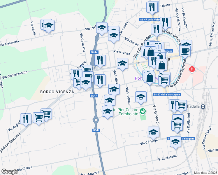 map of restaurants, bars, coffee shops, grocery stores, and more near 18 Via Ippolito Nievo in Cittadella