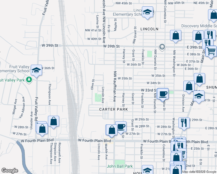 map of restaurants, bars, coffee shops, grocery stores, and more near 3300 Northwest Kauffman Avenue in Vancouver