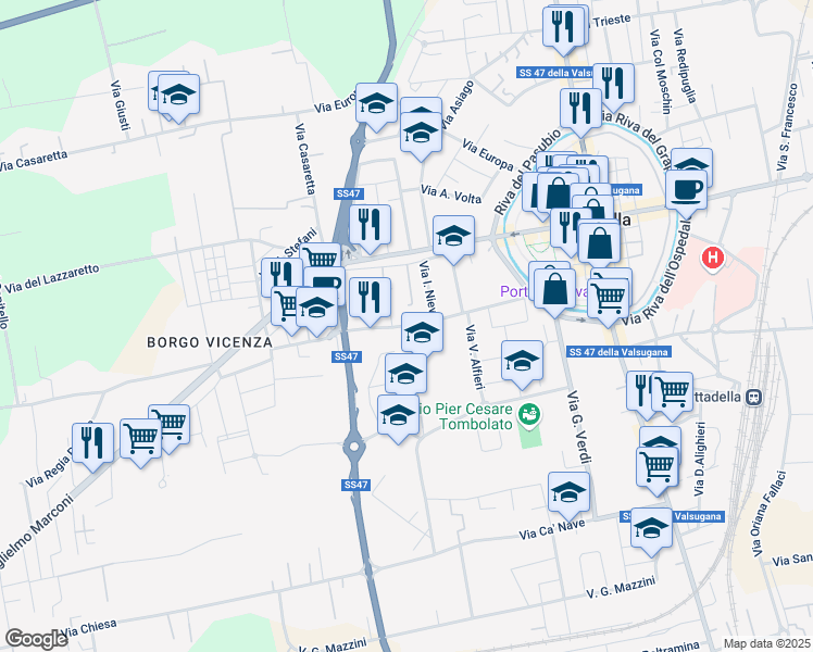 map of restaurants, bars, coffee shops, grocery stores, and more near 18 Via I. Nievo in Cittadella