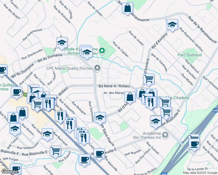 map of restaurants, bars, coffee shops, grocery stores, and more near 681 Rue Jacques-Lavigne in Sainte-Thérèse