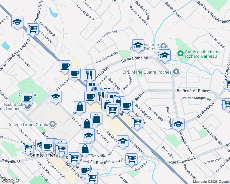 map of restaurants, bars, coffee shops, grocery stores, and more near 234 Rue Mainville in Sainte-Thérèse