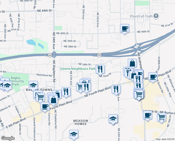 map of restaurants, bars, coffee shops, grocery stores, and more near 6003 Northeast 34th Street in Vancouver