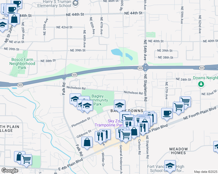 map of restaurants, bars, coffee shops, grocery stores, and more near 4809 Northeast 34th Street in Vancouver