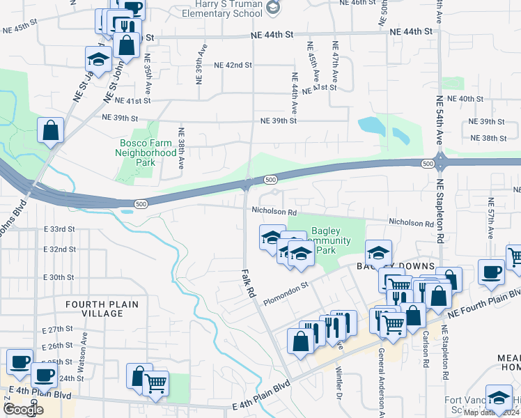 map of restaurants, bars, coffee shops, grocery stores, and more near 4210 Northeast 34th Way in Vancouver