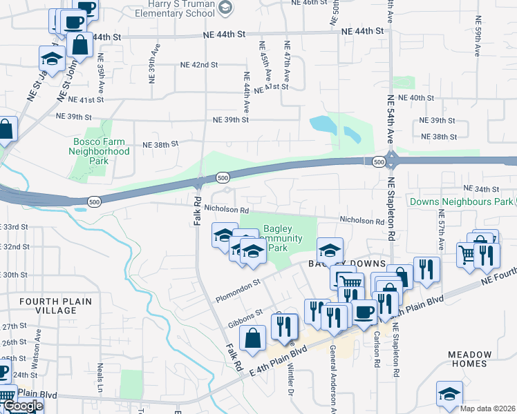 map of restaurants, bars, coffee shops, grocery stores, and more near 4416 Northeast Nicholson Loop in Vancouver