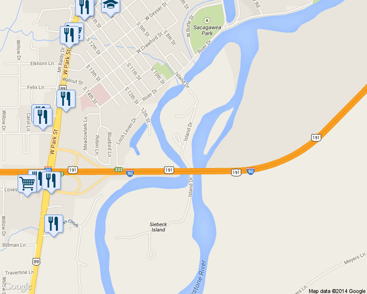 map of restaurants, bars, coffee shops, grocery stores, and more near 9th St Island in Livingston