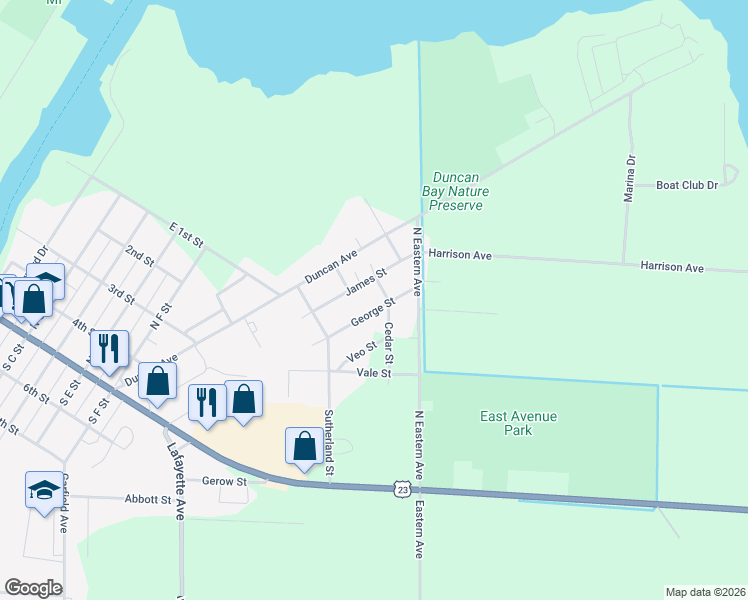 map of restaurants, bars, coffee shops, grocery stores, and more near 400-498 James Street in Cheboygan
