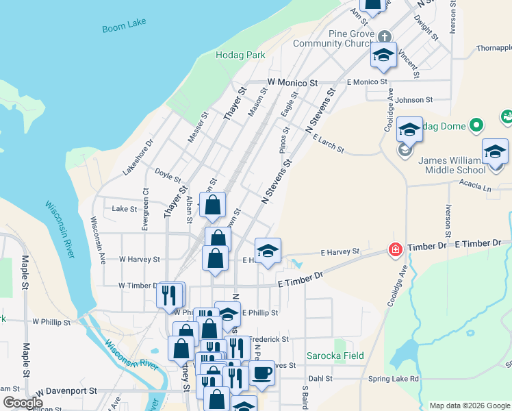 map of restaurants, bars, coffee shops, grocery stores, and more near 727 North Brown Street in Rhinelander