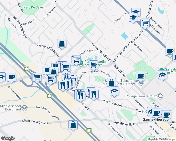 map of restaurants, bars, coffee shops, grocery stores, and more near 260 Rue des Violettes in Sainte-Thã©Rã¨Se