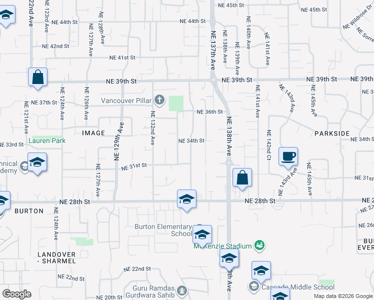 map of restaurants, bars, coffee shops, grocery stores, and more near 3308 Northeast 134th Avenue in Vancouver