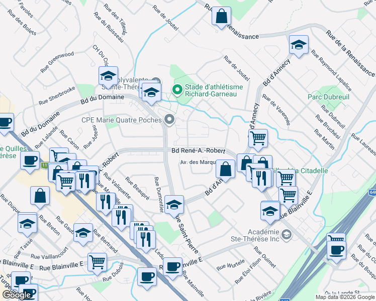 map of restaurants, bars, coffee shops, grocery stores, and more near Boulevard René A. Robert in Sainte-Thérèse