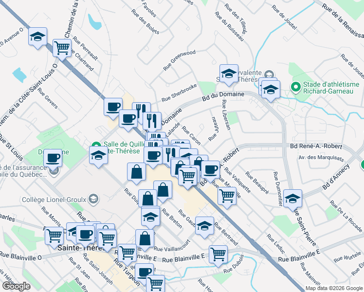 map of restaurants, bars, coffee shops, grocery stores, and more near 245 Rue Mainville in Sainte-Thérèse