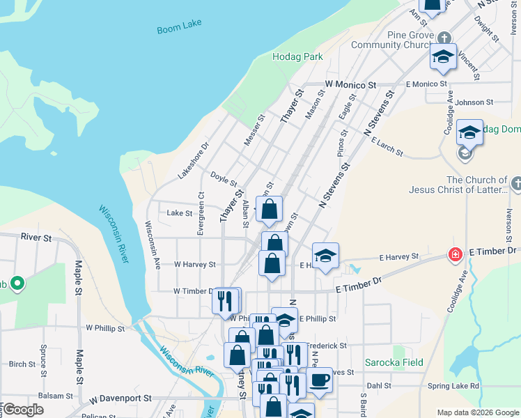 map of restaurants, bars, coffee shops, grocery stores, and more near 647 Mason Street in Rhinelander