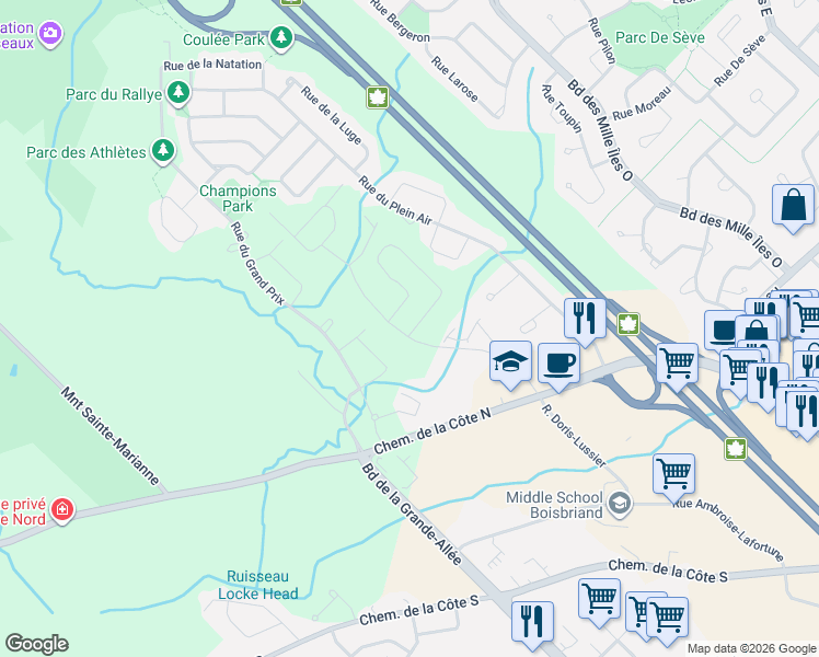 map of restaurants, bars, coffee shops, grocery stores, and more near Rue Marie-Desjardins in Boisbriand