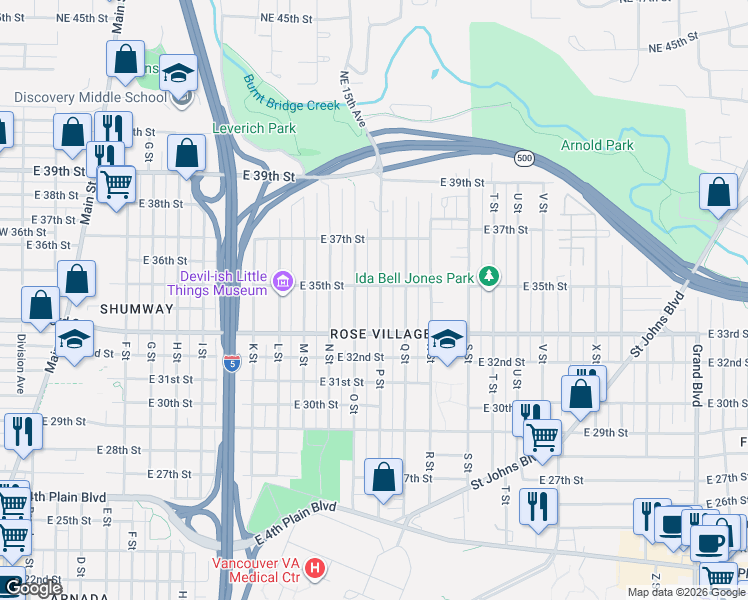 map of restaurants, bars, coffee shops, grocery stores, and more near 3406 P Street in Vancouver
