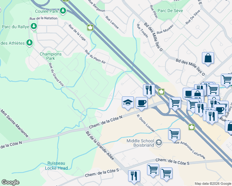 map of restaurants, bars, coffee shops, grocery stores, and more near 20855 Chemin de la Côte Nord in Blainville