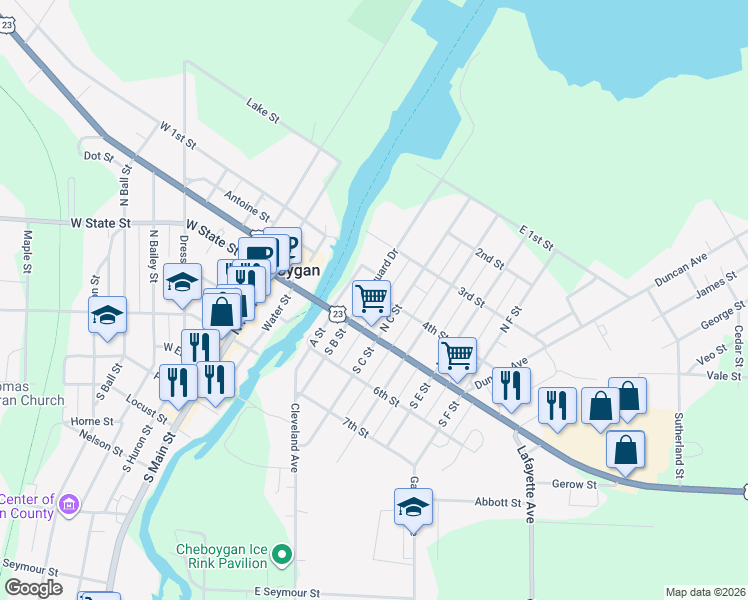 map of restaurants, bars, coffee shops, grocery stores, and more near 199 Coastguard Drive in Cheboygan