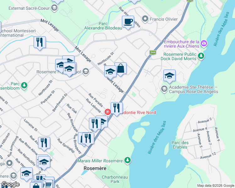 map of restaurants, bars, coffee shops, grocery stores, and more near 226 Rue Maisonneuve in Rosemère