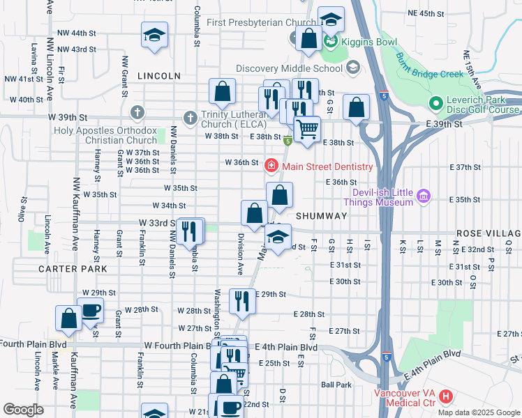 map of restaurants, bars, coffee shops, grocery stores, and more near 3400 Main Street in Vancouver