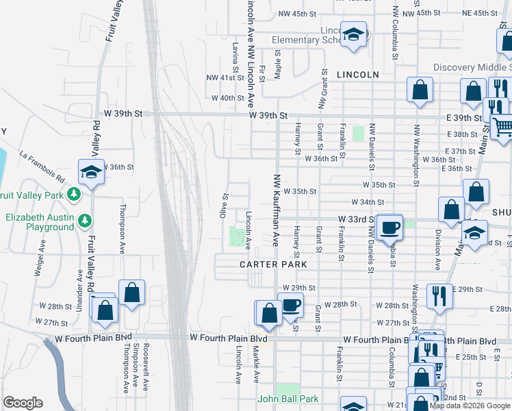 map of restaurants, bars, coffee shops, grocery stores, and more near 3418 Northwest Kauffman Avenue in Vancouver