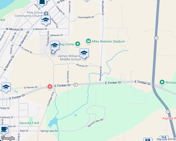 map of restaurants, bars, coffee shops, grocery stores, and more near 901-915 Acacia Lane in Rhinelander