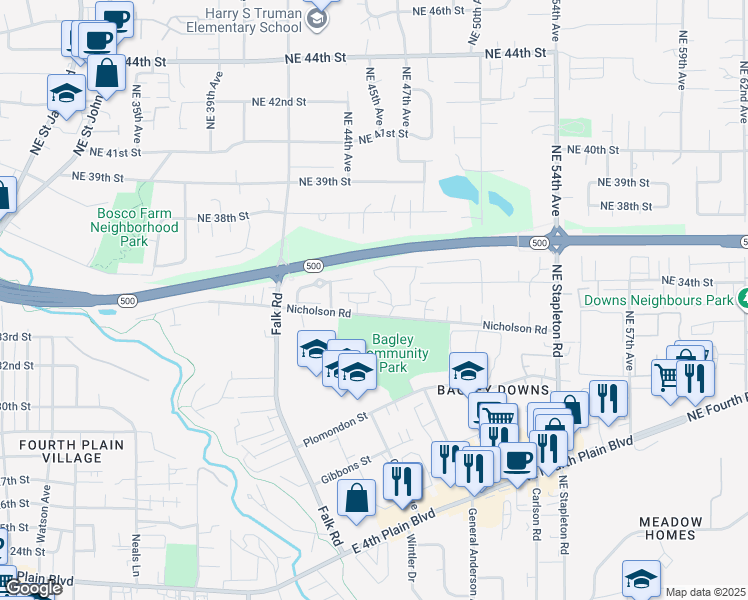 map of restaurants, bars, coffee shops, grocery stores, and more near 4422 Northeast Nicholson Loop in Vancouver