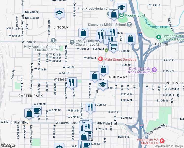 map of restaurants, bars, coffee shops, grocery stores, and more near 3400 Main Street in Vancouver