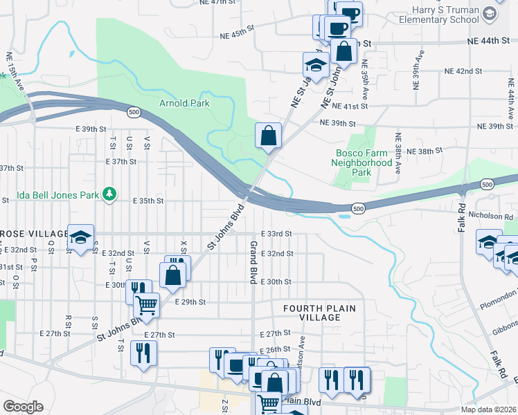 map of restaurants, bars, coffee shops, grocery stores, and more near 3407 Grand Boulevard in Vancouver