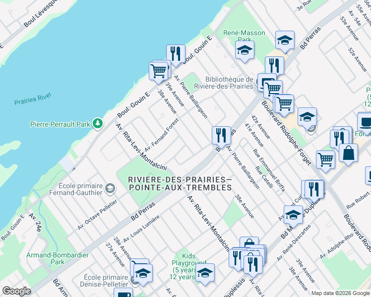 map of restaurants, bars, coffee shops, grocery stores, and more near 12540 Avenue Gustave-Francq in Montréal