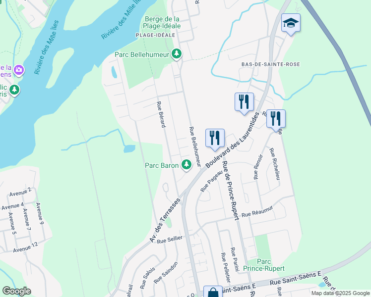 map of restaurants, bars, coffee shops, grocery stores, and more near 44 Rue Baron in Laval