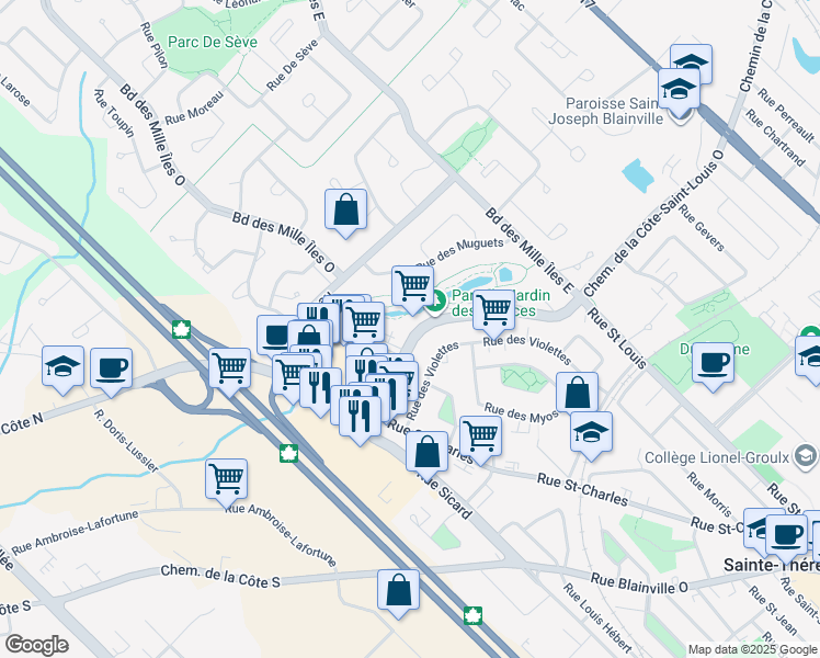 map of restaurants, bars, coffee shops, grocery stores, and more near 300 Chemin de la Côte-Saint-Louis O in Sainte-Thérèse