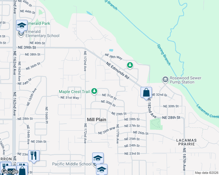 map of restaurants, bars, coffee shops, grocery stores, and more near 17519 Northeast 34th Street in Vancouver