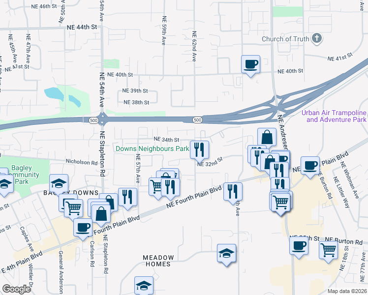 map of restaurants, bars, coffee shops, grocery stores, and more near 6003 Northeast 34th Street in Vancouver